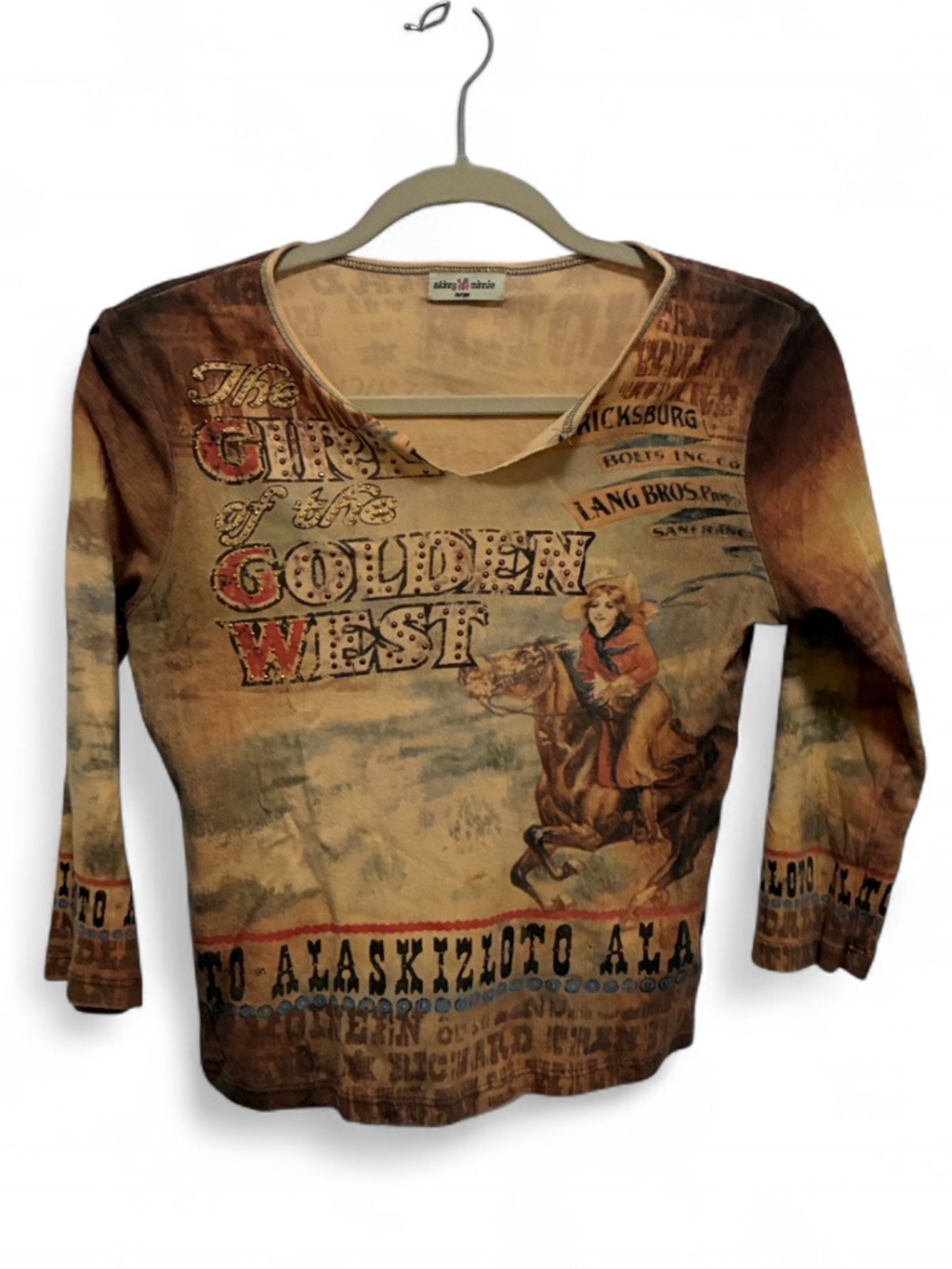 Y2K Skinny Minnie Western Brown V-Neck Graphic Long Sleeve Top